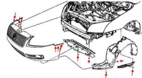 схема крепления переднего бампера Ford Fusion (2002 - 2012) USA