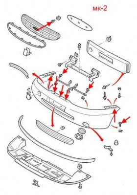 схема крепления переднего бампера Ford Mondeo Mk2 