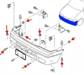 схема крепления переднего бампера MAZDA MPV (1989-1999)