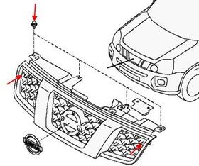 схема крепления решетки радиатора Nissan X-Trail T31 (после 2007 года)