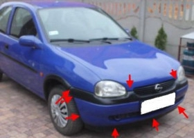 места крепления переднего бампера Opel CORSA B (1993 - 2002)