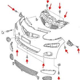 схема крепления переднего бампера Toyota Aygo