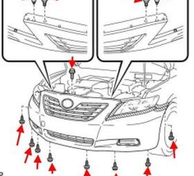 схема крепления переднего бампера Toyota Camry XV40 (2006-2011)