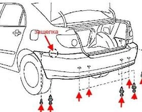схема крепления заднего бампера Toyota Corolla (2000-2006)
