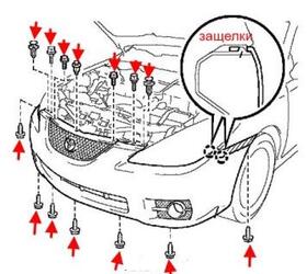 схема крепления переднего бампера Toyota Camry Solara (2003-2008)
