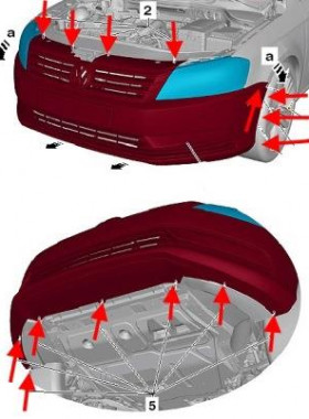 схема крепления переднего бампера VW PASSAT B7 (CC)
