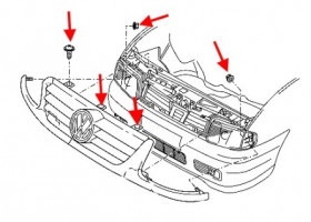 схема крепления решетки радиатора VW POLO (до 2001) 
