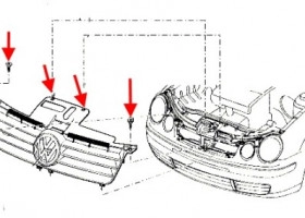 схема крепления решетки радиатора VW POLO (2001-2009) 