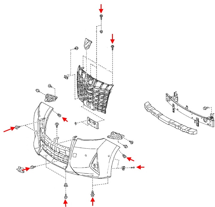 Befestigungsschema für vordere Stoßstange Toyota Alphard (2015+)