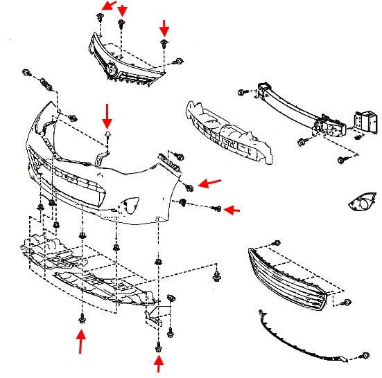 Схема крепления переднего бампера Toyota Avalon (2013-2018)