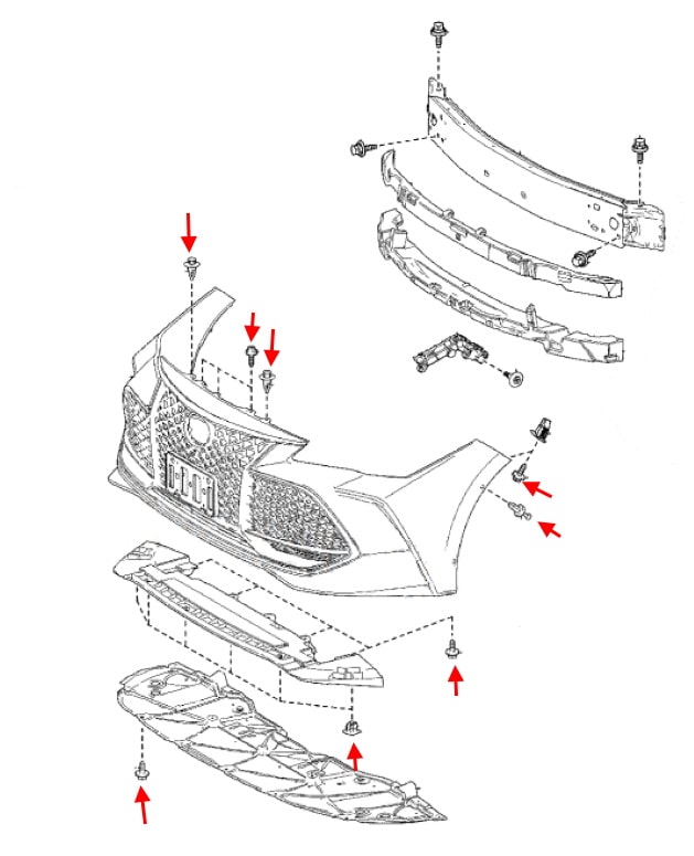 Esquema de montaje del parachoques delantero Toyota Avalon (2019+)