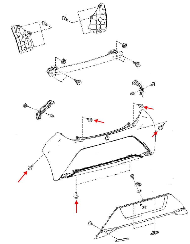 Esquema de montaje del parachoques trasero Toyota Aygo (2015-2021)