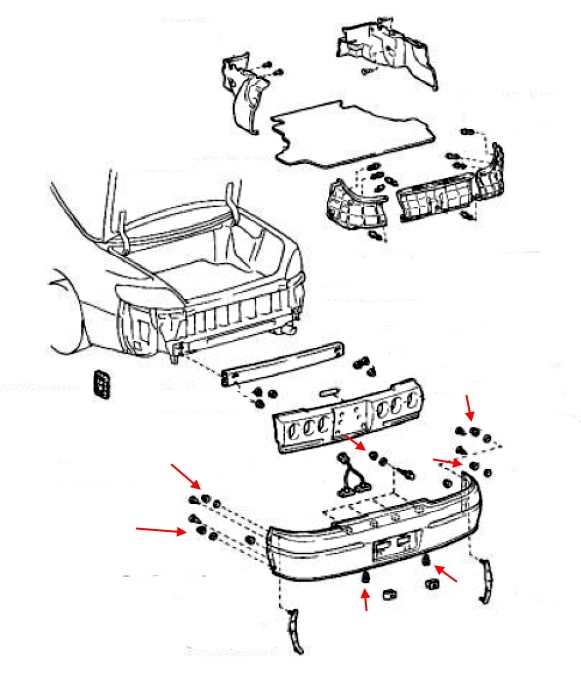 Esquema de montaje del parachoques trasero Toyota Camry Solara (1998-2003)