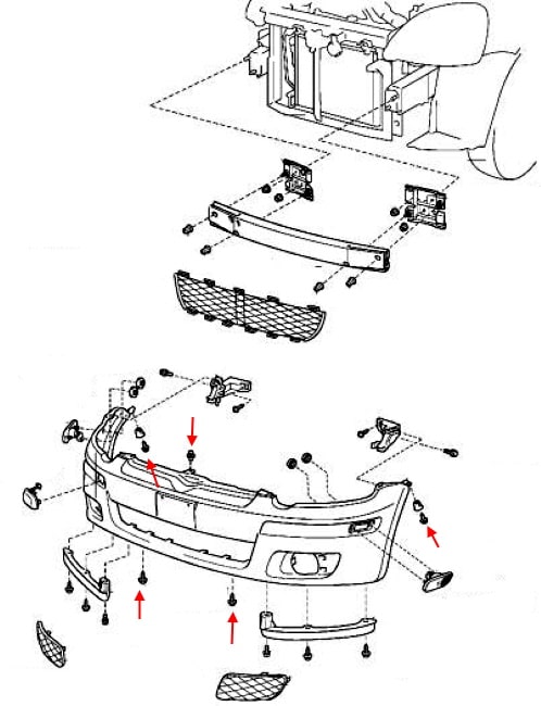 Diagrama de montaje del parachoques delantero del Toyota Echo Hatchback