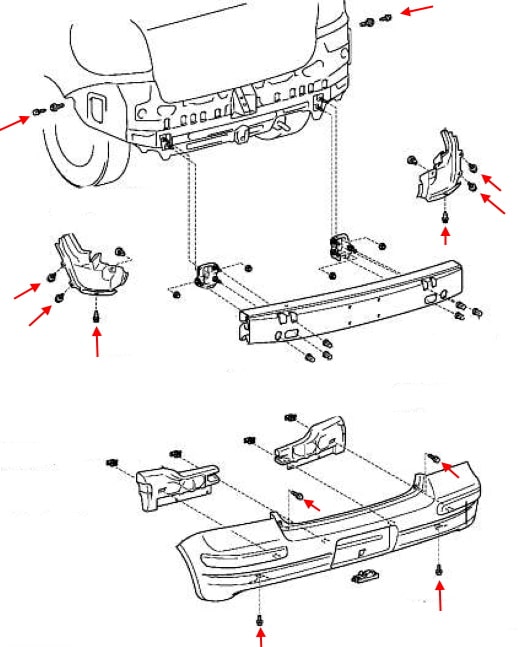Montagediagramm für die hintere Stoßstange des Toyota Echo Hatchback