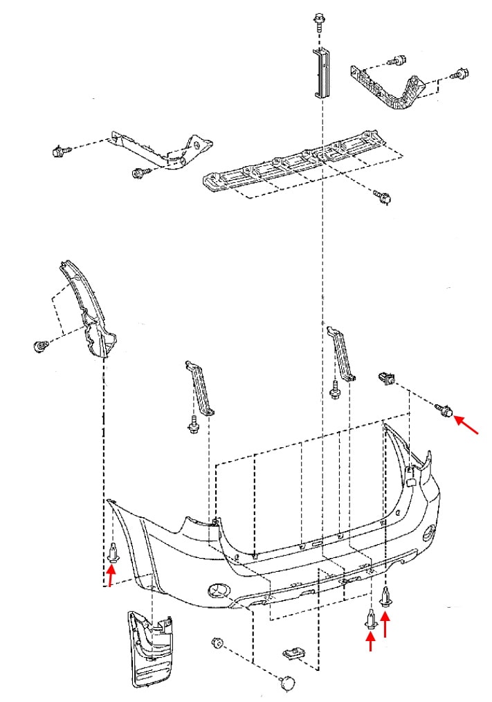 Esquema de montaje del parachoques trasero Toyota Fortuner SW4 (2004-2015)
