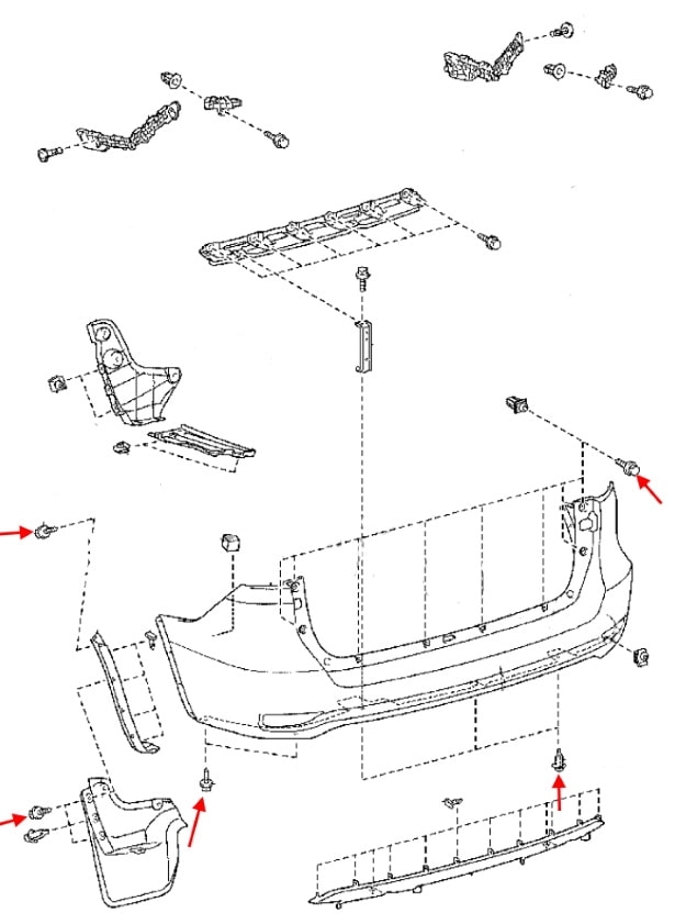 Схема крепления заднего бампера Toyota Fortuner SW4 (2015+)