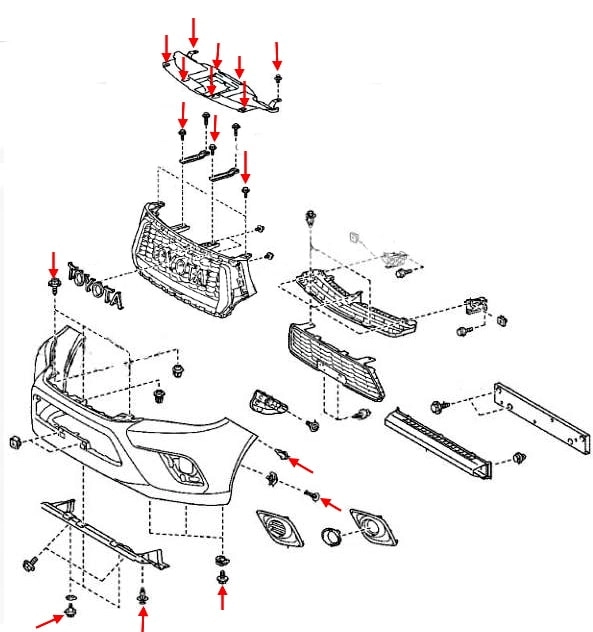 Схема крепления переднего бампера Toyota Hilux VIII (2015+)