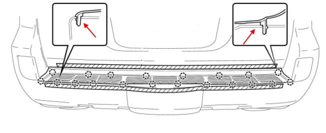 Esquema de montaje del parachoques trasero Toyota Land Cruiser J200 (2007-2021)