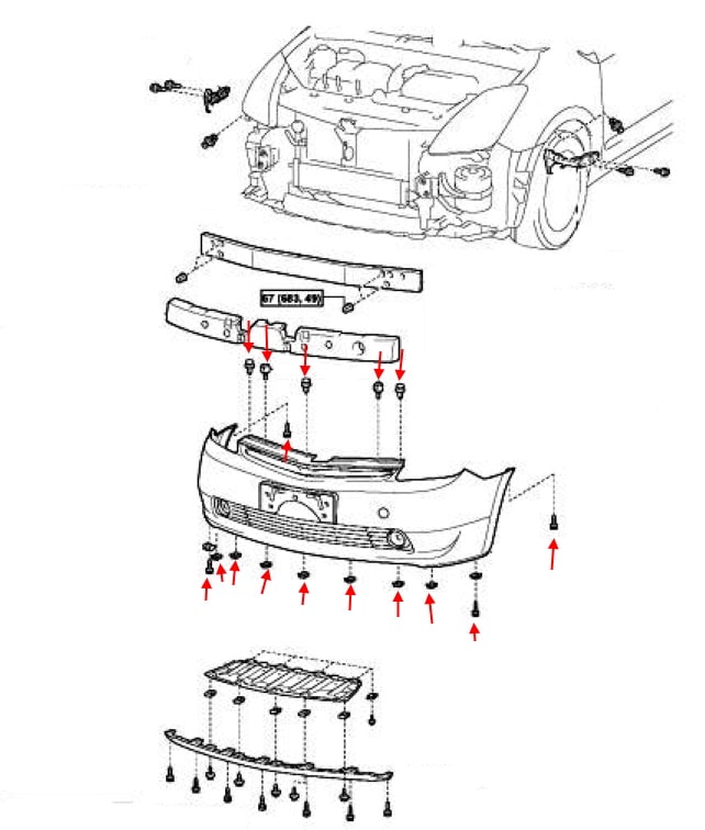 Esquema de montaje del parachoques delantero Toyota Prius II XW20 (2003-2009)
