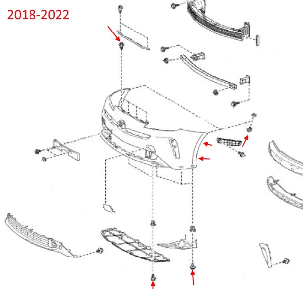 Схема крепления переднего бампера Toyota Prius IV XW50 (2018-2022)