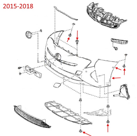 Esquema de montaje del parachoques delantero Toyota Prius IV XW50 (2015-2018)
