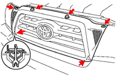 Diagrama de montaje de la rejilla del radiador de Toyota Tacoma II (2005-2015)