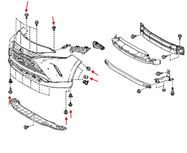 Esquema de montaje del parachoques delantero Toyota Venza XU80 (2020+)