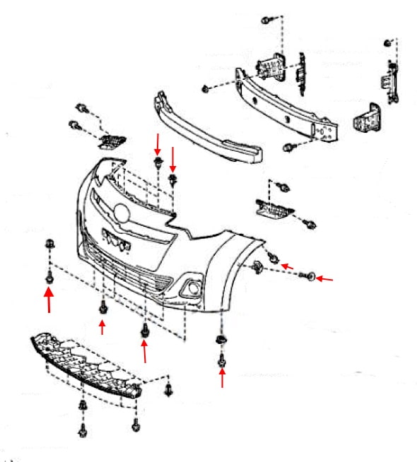 Esquema de montaje del parachoques delantero Toyota Verso-S (2011-2018)