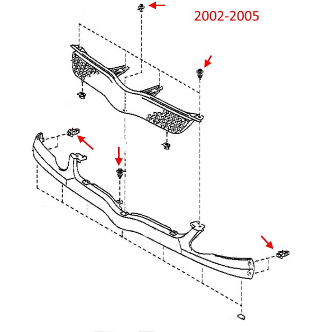 Esquema de montaje de la parrilla del radiador Toyota Yaris Verso (1999-2005)
