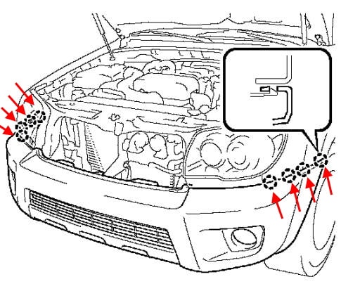 Схема крепления переднего бампера Toyota 4Runner (2002-2009)