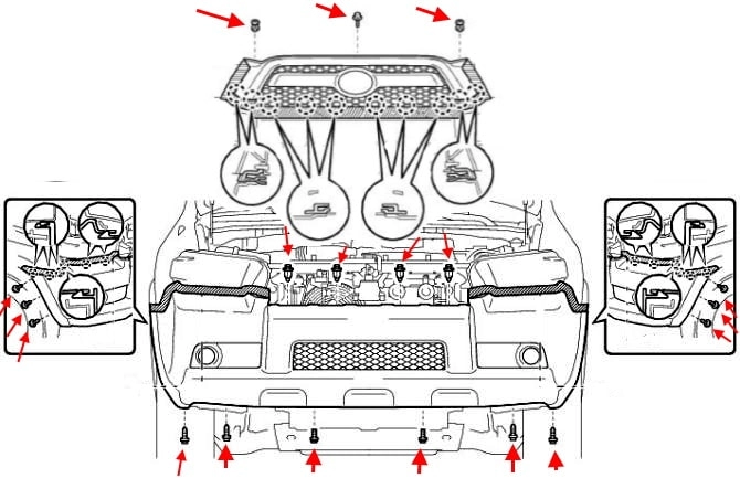 Схема крепления переднего бампера Toyota 4Runner (2010+)