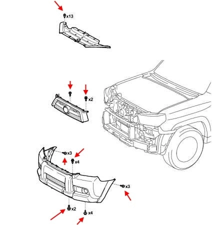 Схема крепления переднего бампера Toyota 4Runner (2010+)