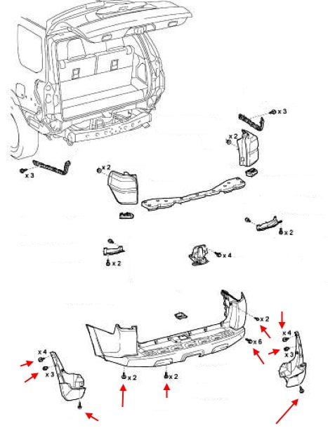 Esquema de montaje del parachoques trasero Toyota 4Runner (2010+)