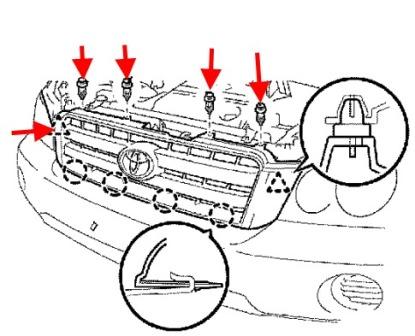 Diagramm der Befestigung des Kühlergrills Toyota Highlander XU 20 (2001-2007)