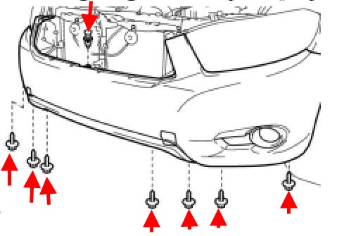 схема крепления переднего бампера Toyota Highlander XU 40 (2008-2013)