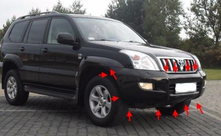 Befestigungspunkte für die vordere Stoßstange des Toyota Land Cruiser J100 (1997-2007)