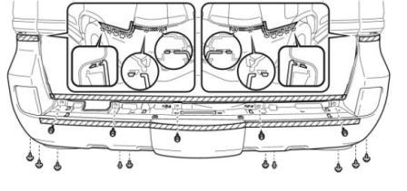 Esquema de montaje del parachoques trasero para Toyota Land Cruiser J100 (1997-2007)