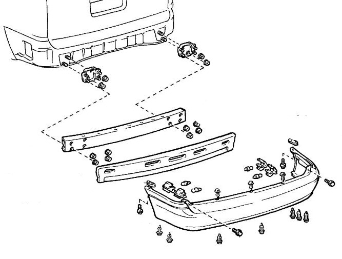 diagrama de montaje del parachoques trasero Toyota Sienna XL10 (1997-2002)