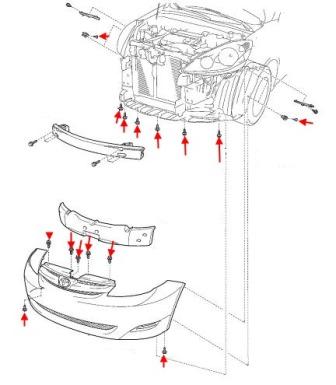 the scheme of fastening of the front bumper Toyota Sienna xl20 (2003-2010)