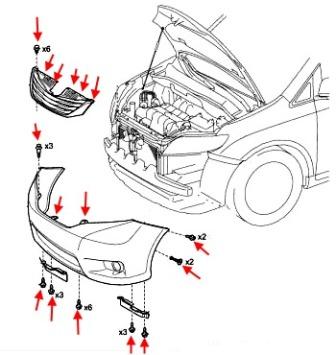 the scheme of fastening of the front bumper Toyota Sienna XL30 (2010-2020)