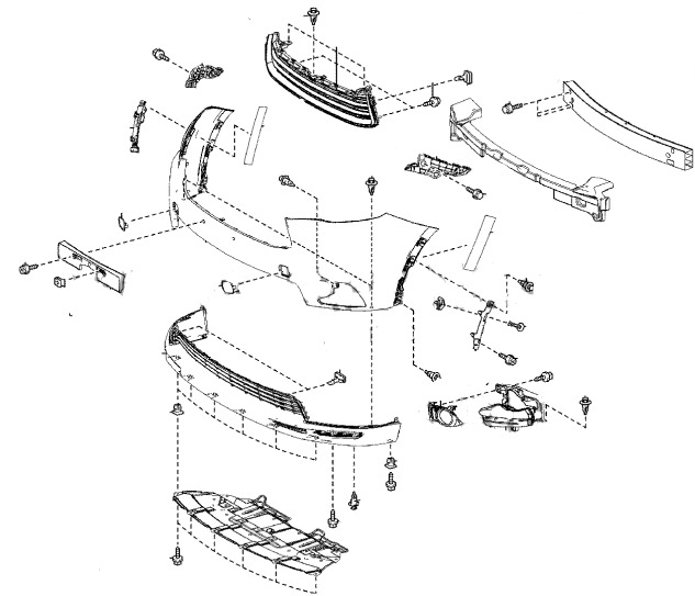 the scheme of fastening of the front bumper of Toyota Highlander (after 2013)