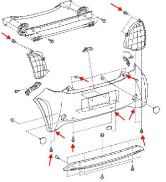 the scheme of fastening the rear bumper of the Toyota IQ