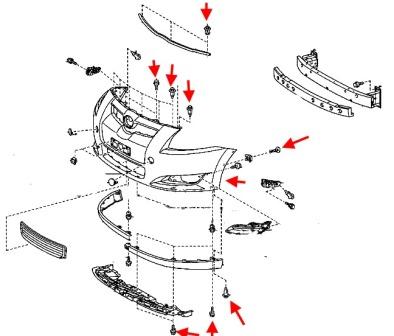 Diagrama de montaje del parachoques delantero del Toyota Auris