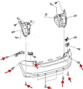the scheme of fastening the rear bumper of the Toyota Auris