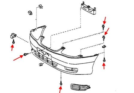 the scheme of fastening of the front bumper Toyota Avensis MK1 (1997 - 2003)