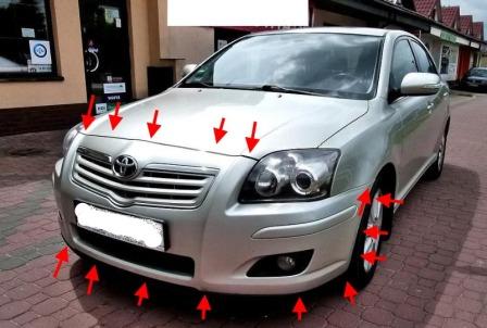 the attachment of the front bumper Toyota Avensis MK2 (2003-2008)