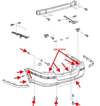 diagrama de montaje del parachoques trasero Toyota Avensis MK2 (2003-2008)