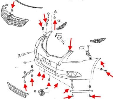 the scheme of fastening of the front bumper Toyota Avensis MK3 (2008 onwards)