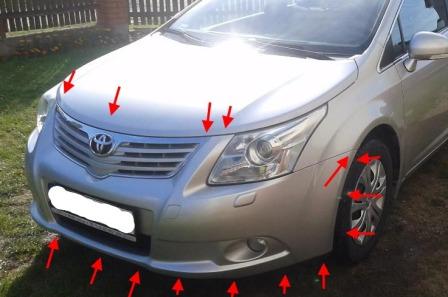 the attachment of the front bumper Toyota Avensis MK3 (2008 onwards)
